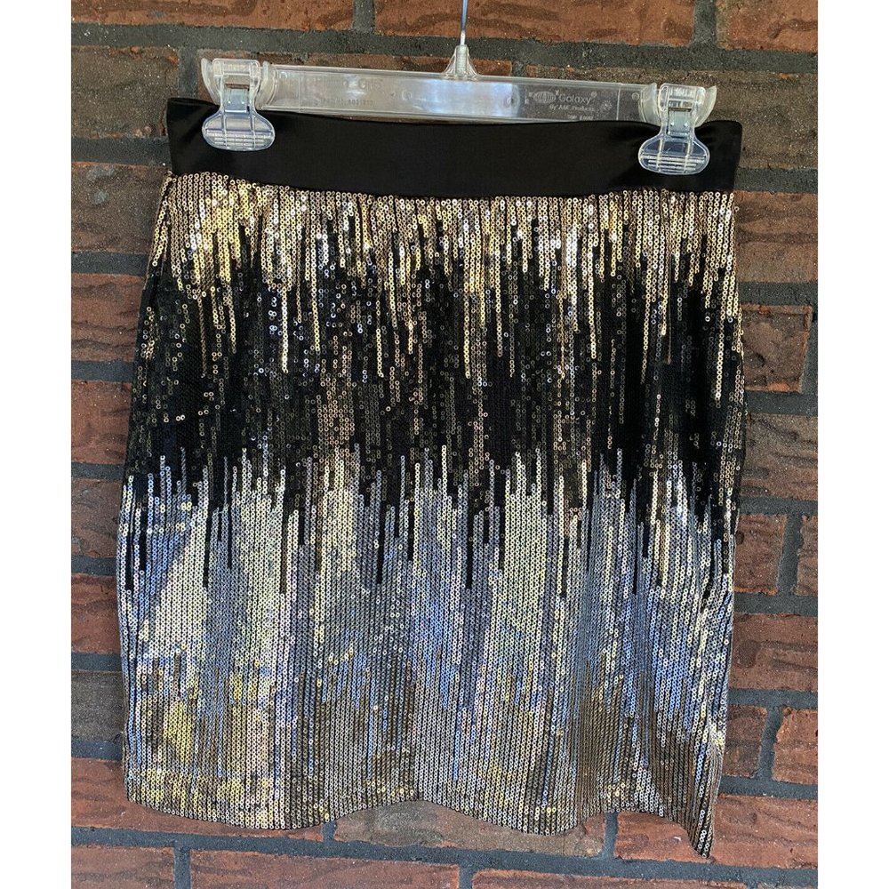 Bisou Silver Gold Black Sequin Party Skirt Small Straigth Pencil Lined Pull On